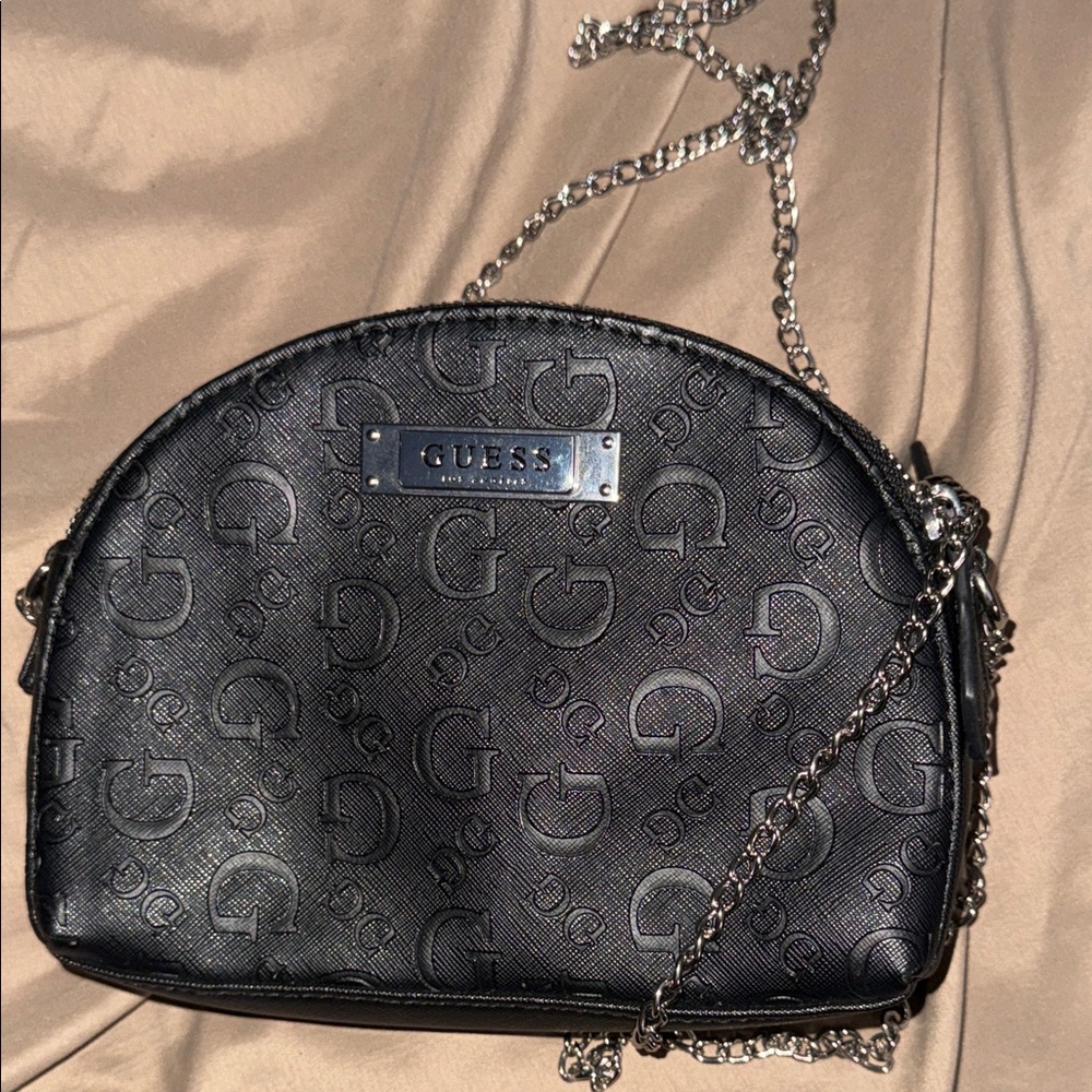 GUESS Black Embossed Logo Crossbody with Silver Chain